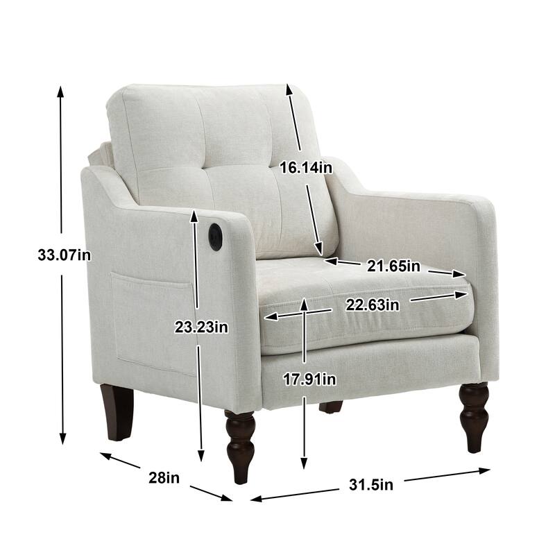 Accent Comfy Chenille Chair w/USB charging port,High-support Sponge,Wide Backrest, Upholstered Arm Chair w/Side Storage