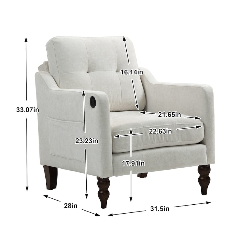 Chenille Accent Chair with USB Port, Ergonomic Upholstered Armchair, Lounge Reading Chair with Side Pocket & Wooden Legs - Beige