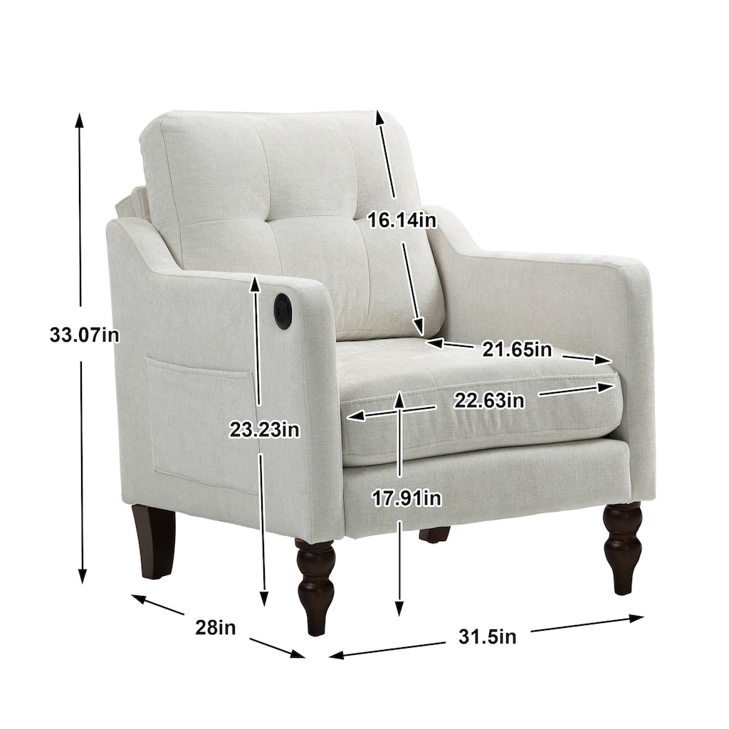 Chenille Accent Chair with USB Port, Ergonomic Upholstered Armchair, Lounge Reading Chair with Side Pocket & Wooden Legs