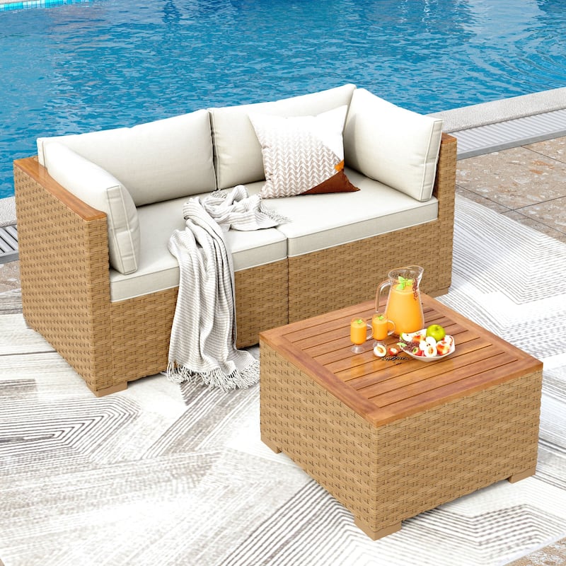MAISON ARTS Outdoor Sofa Set，All-Weather Solid Wood Wicker Sectional Furniture Set with Dust Cover Included - 2-Seat + Table