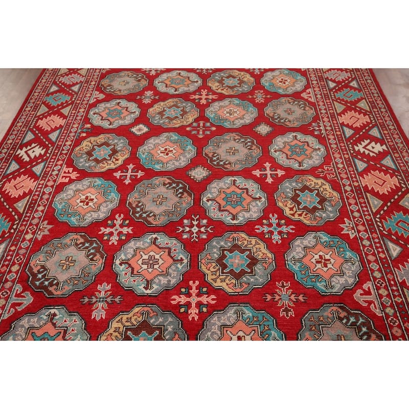 All-Over Red Geometric Kazak Area Rug Handmade Wool Carpet - 6'5" x 9'9"