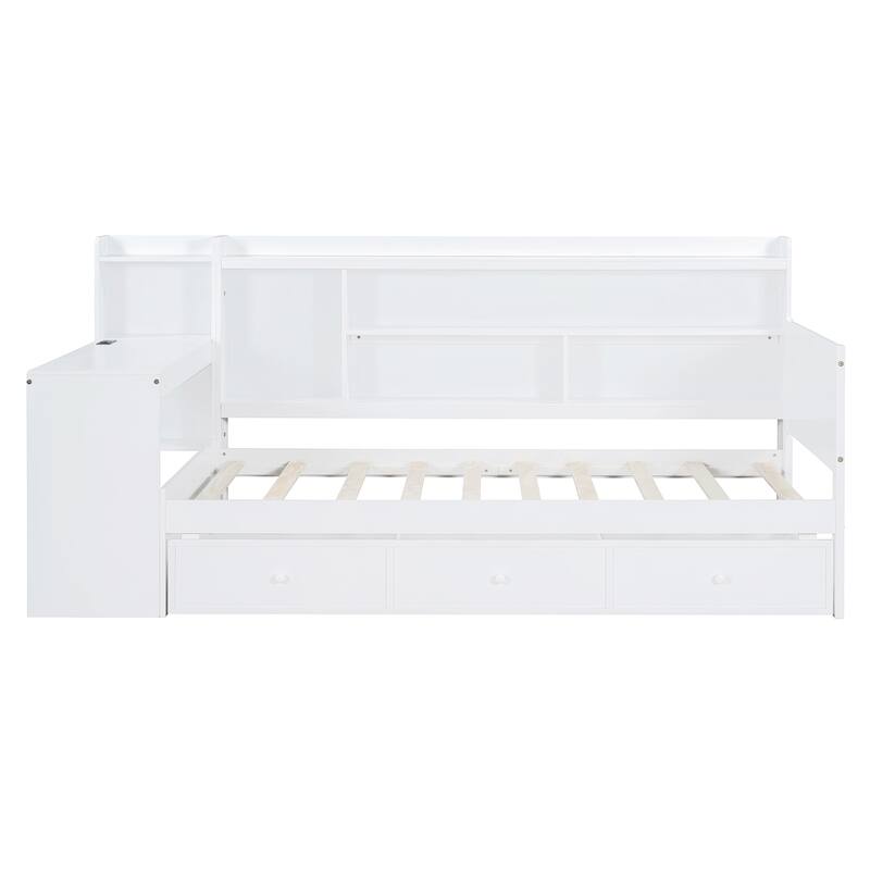 White Twin Size Wooden Daybed with Drawers, USB Ports, and Desk