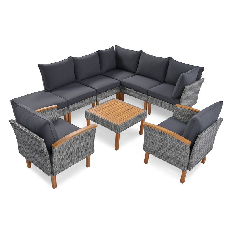 Roomfitters 9-Piece Outdoor Patio Furniture Set with Gray Rattan Sectional Sofa, 2 Armchairs and Wood Top Coffee Table, Gray