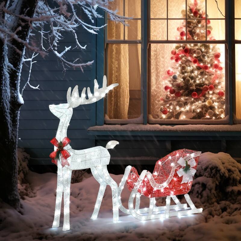 4ft Christmas Reindeer & Sleigh Outdoor Yard Decoration Set with LED Lights - White 
