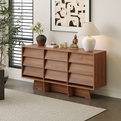59”Mid Century Sideboards,Brown Wood Cabinets with 9 Drawers