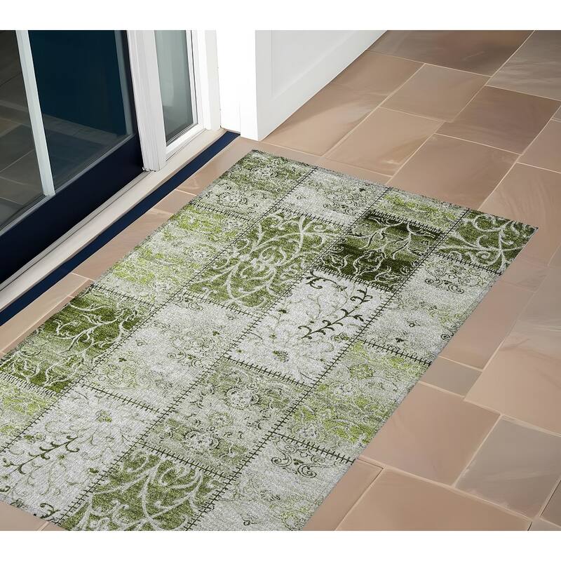 Nara Patchwork Weather Resistant Classic Meets Modern Outdoor Rug - 3' x 5' - Green
