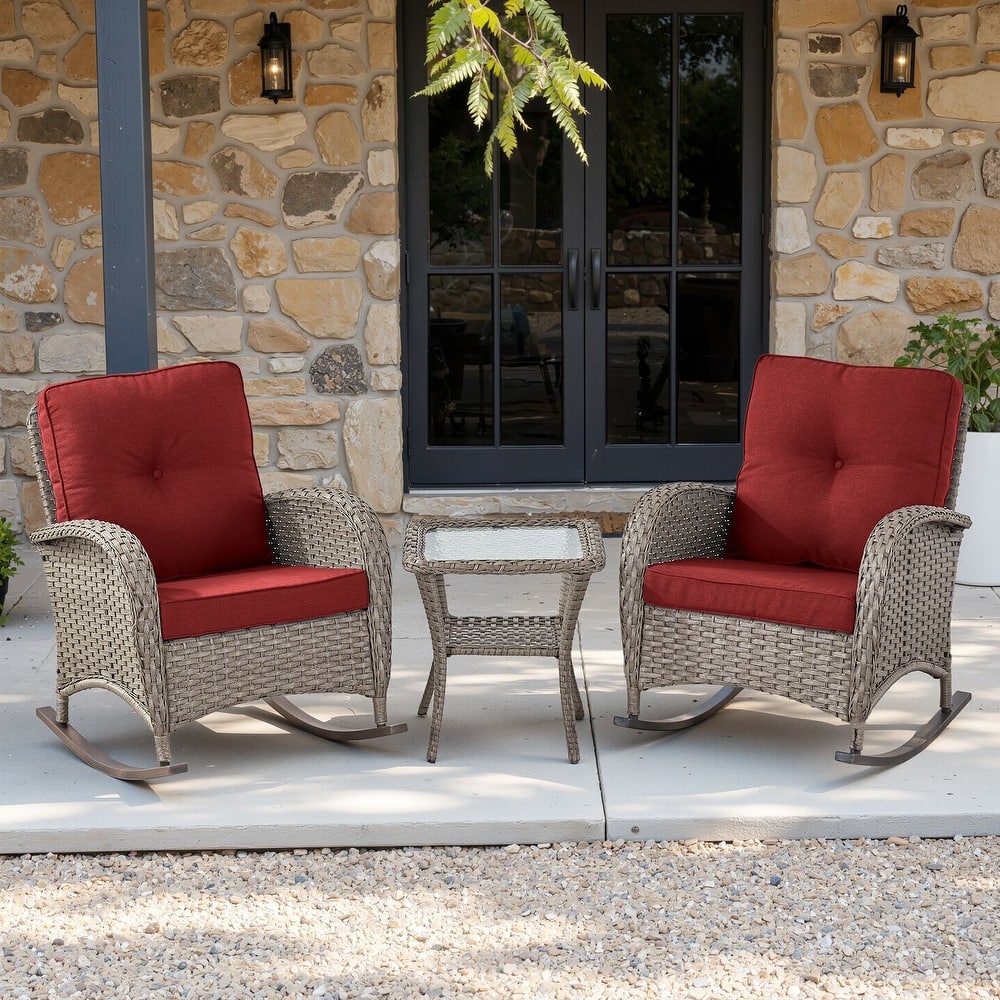 PlainCurve 3-Piece Wicker Outdoor Patio Conversation Set with Rocking Chairs and Olefin Cushions