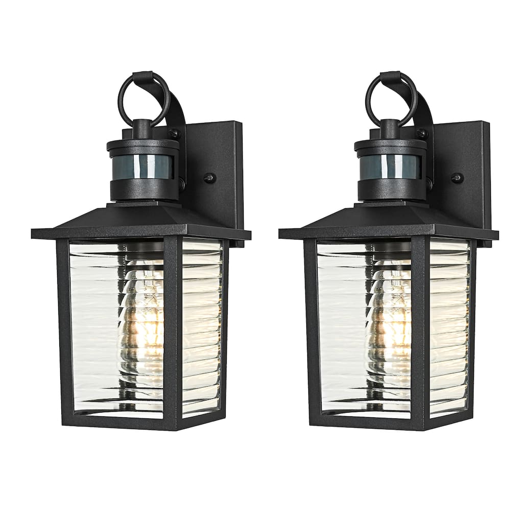 13 in. Sand Black 1-Light Motion Sensing Outdoor Wall Sconce with Dusk to Dawn and Clear Glass Shade