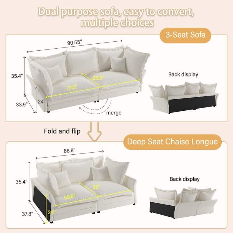 90.55" Modern Comfy Upholstered Sofa Cloud Couch with Multiple Large Soft Pillows