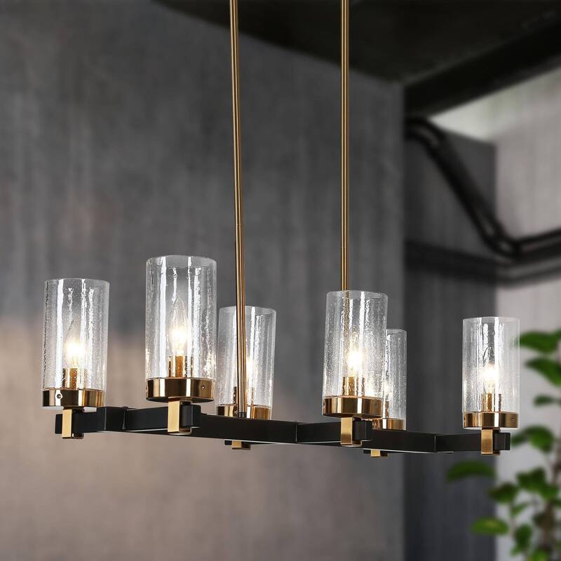 Modern Farmhouse 6-Light Black Gold Chandelier Linear Glass Island Lights for Dining Room - Seeded Glass