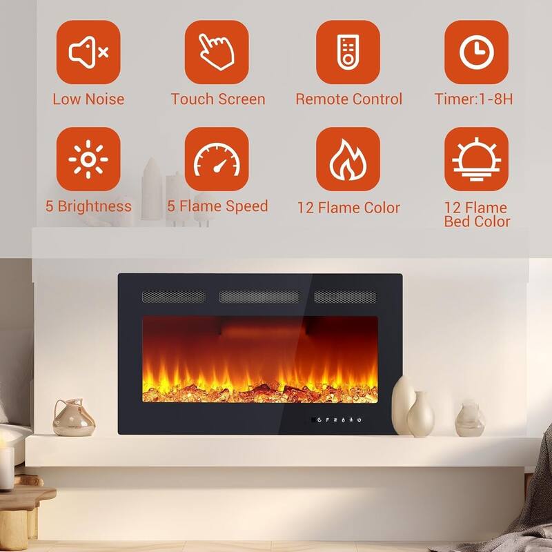 Wall Mount Electric Fireplace, Touch Screen and Remote Control, 12 Flame Colors