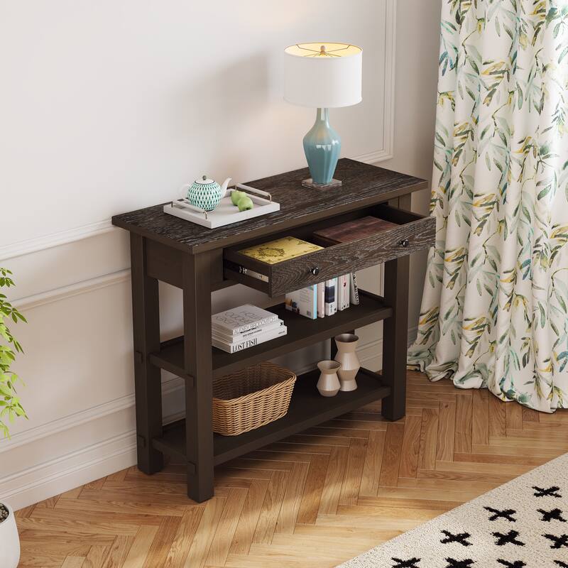 36" Retro Console Table with Drawer and Two Sturdy Shelves for Entryway or Living Room