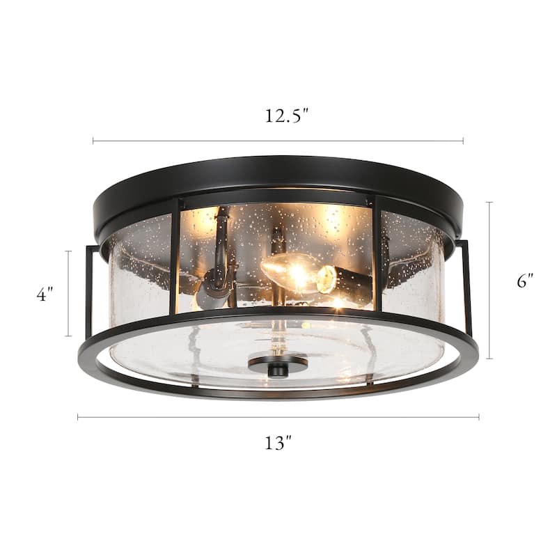 Modern Industrial 3-Light Glass Flush Mount Round Metal Ceiling Light - D 13"* H 6"