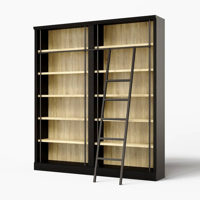 Large Ladder Bookshelf with Adjustable Rolling Ladder, Tall Library Bookcase Storage Display Unit