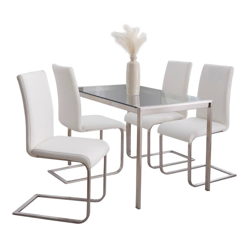Strick & Bolton Forrest-Stanya 5-Piece Dining Set - White Faux Leather/Stainless Steel/Clear Glass