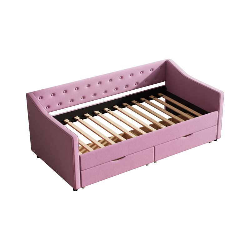 Linen Upholstered Daybed with 2 Drawers, Wooden Platform Sofa Bed Frame with Button Tufted Backrest, No Box Spring Needed