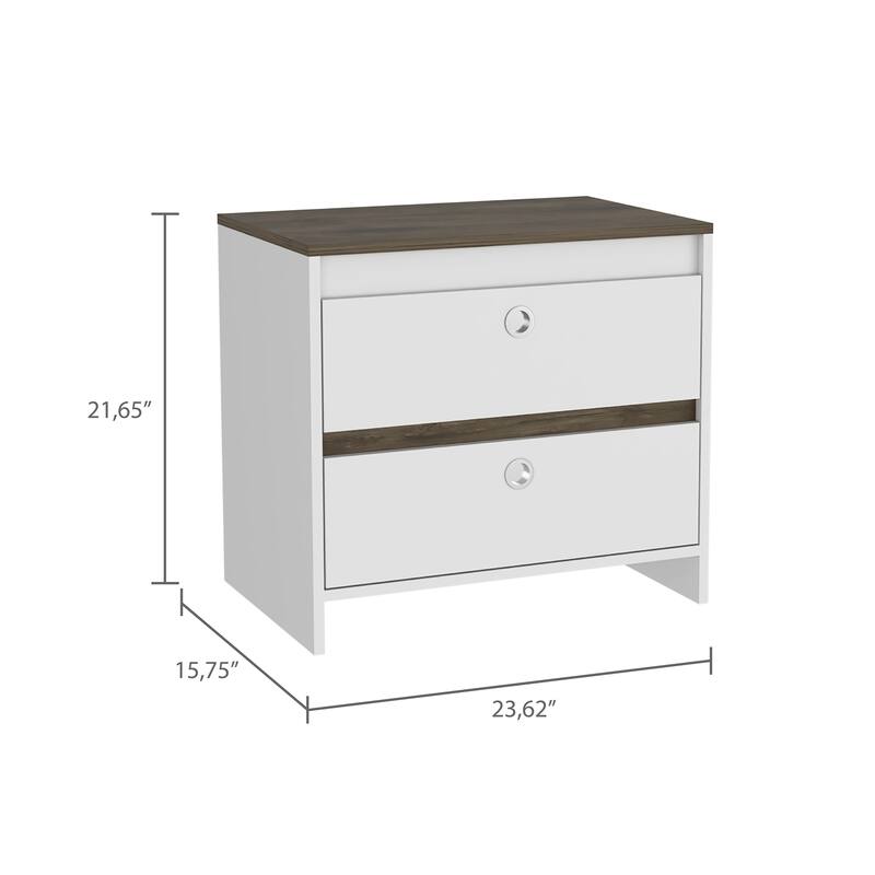 Modern Nightstand with Drawer and Shelf, Smokey Oak & White Finish, Space-Saving Design