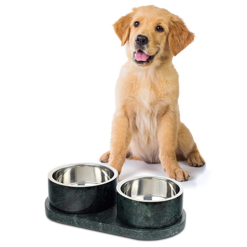 Marbre 12oz Double Pet Bowl Set - Marble & Stainless Steel with Non-Slip Tray - Green