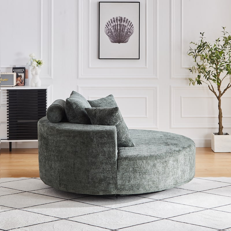 Oversized Swivel Barrel Chair, Chenille Upholstered Round Armchair, Single Sofa Chair with Headrest & 3 Cozy Pillows