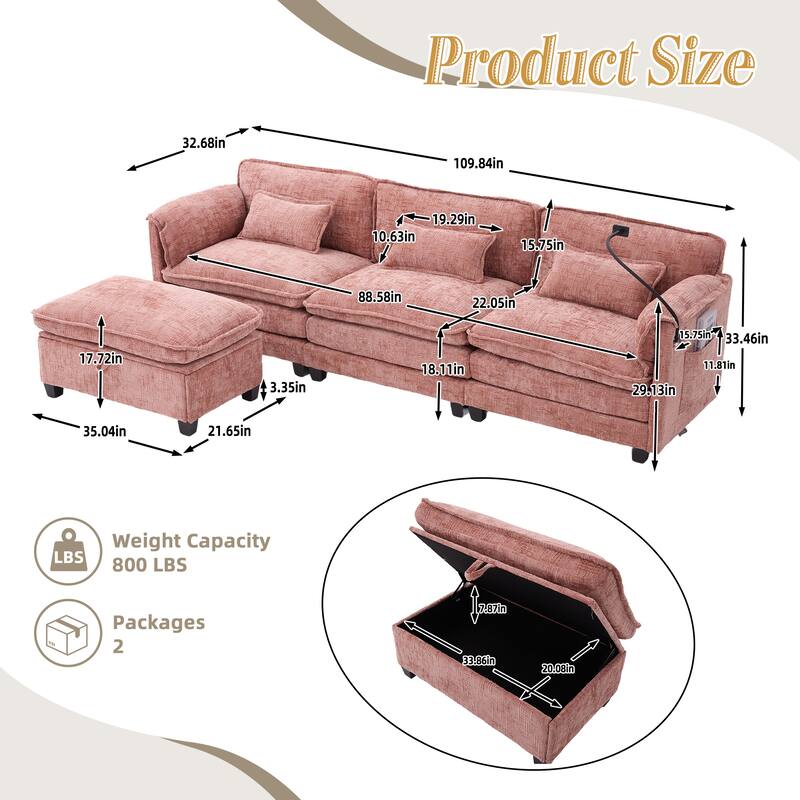 HOMEFUN Chenille Upholstered L-shaped Phone Holder Modular Sectional Sleeper Sofa with Movable Storage Ottoman