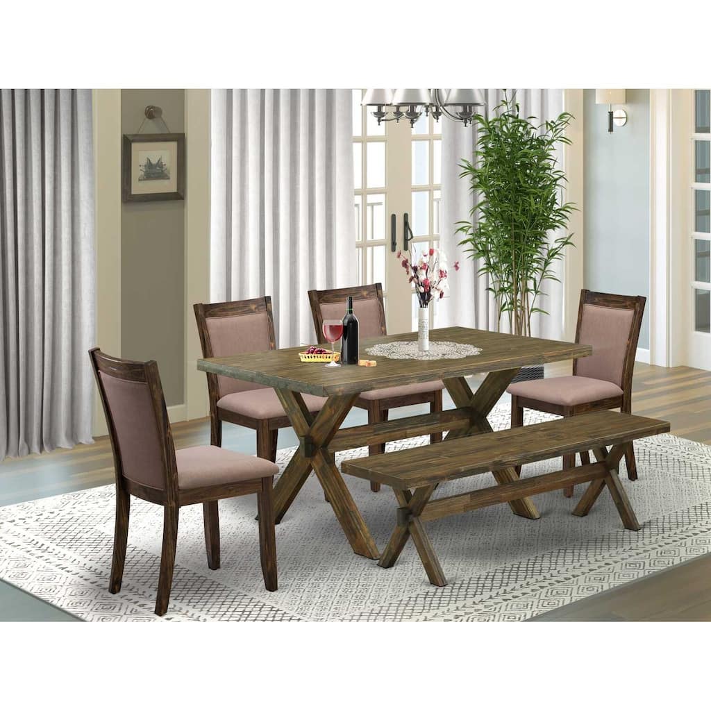 HomeStock 6-Piece Rectangle Distressed Jacobean Finish Solid Wood Top Dining Table with 1-Bench, 4-Chairs