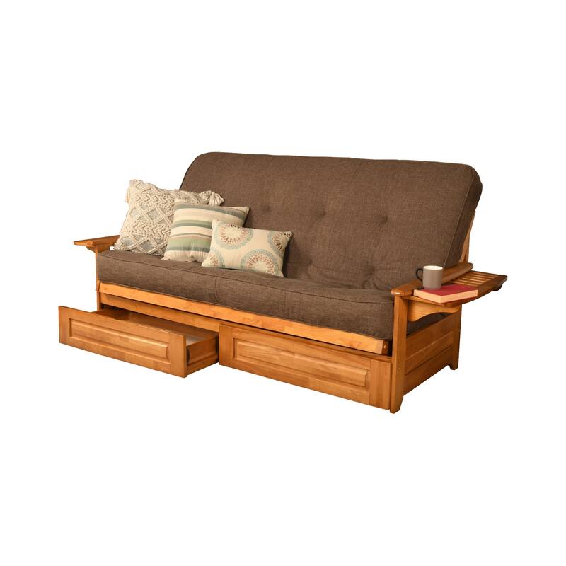 Somette Phoenix Queen-size Storage Futon Set in Butternut Finish with Linen Mattress - Linen Cocoa