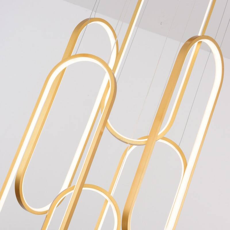 Modern Chandelier 6 Ring Adjustable Height Long Staircase LED Chandeliers Foyer Ceiling Light