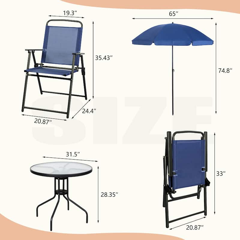 Futzca Folding Patio Dining Set, Garden Patio Furniture Set with Umbrella, Glass Table and 4 Folding Chairs