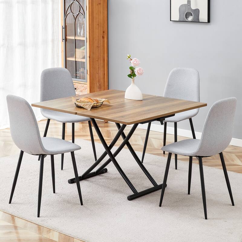 Table and chair set.Modern Multifunctional Lifting Platform,Natural Wood Grain Sticker MDF Desktop, Paired with 4 Dining Chairs - Black,Light Gray,Natural Wood