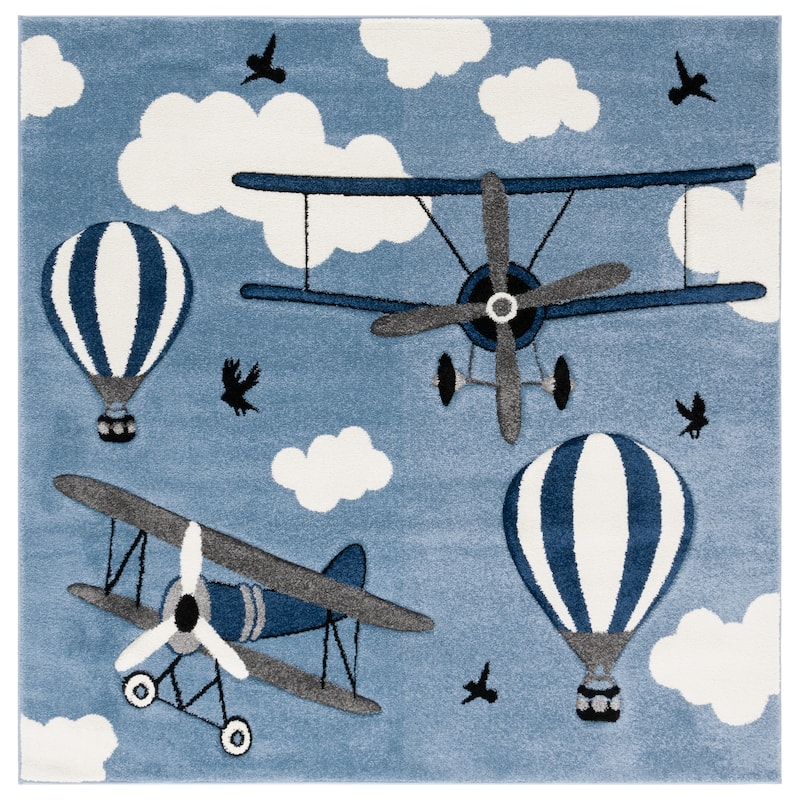 SAFAVIEH Carousel Kids Turi Airplane Rug - 5'3" Square - Blue/Ivory - Square