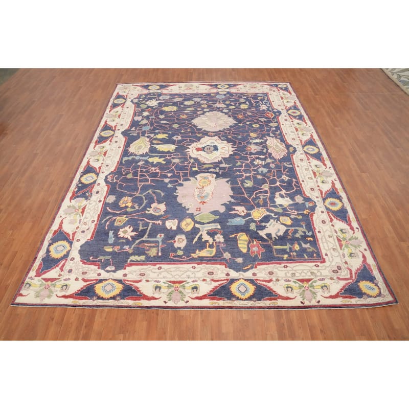 Hand Knotted Oriental 100% Wool Carpet Transitional Floral Navy Blue & Blues Oushak Area Rug - 13' 6'' X 10' 5''