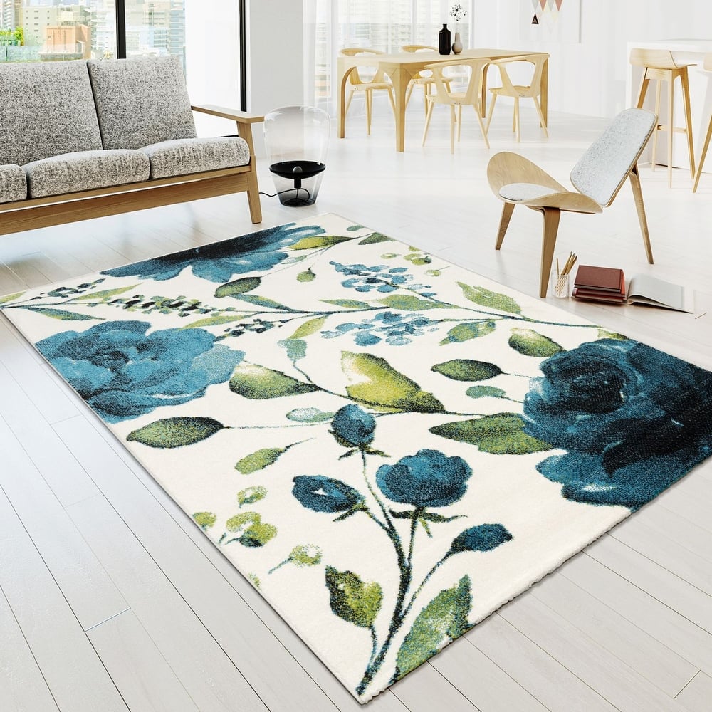 Artistic Area Rug Rose Motif in Watercolor Look