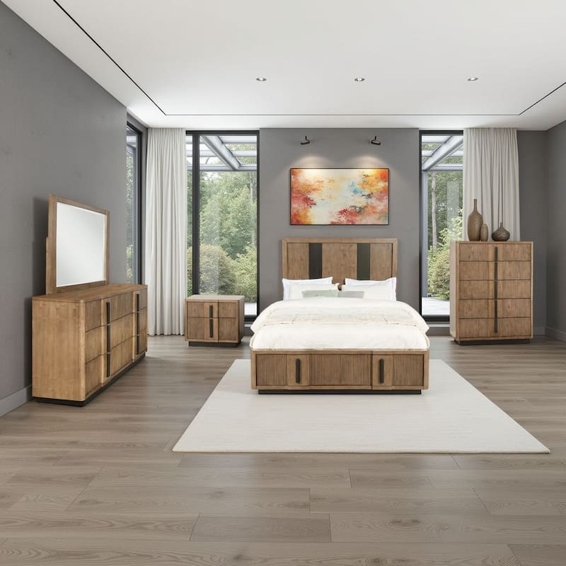 Reon 5pc Queen Bedroom Set with Storage, Ash Brown Fluted Panel