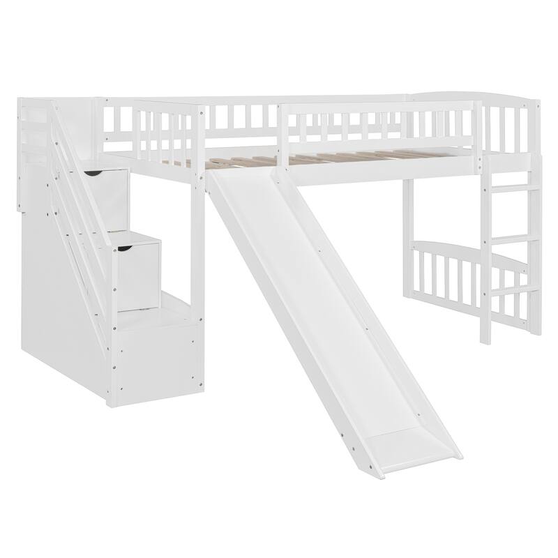 Twin Size Loft Bed with Slide, Storage Staircase and Safety Guardrails