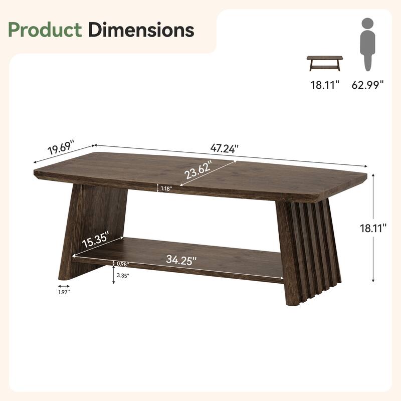 2-Tier Rustic Solid Wood Coffee Table, 47-Inch Farmhouse Coffee Table
