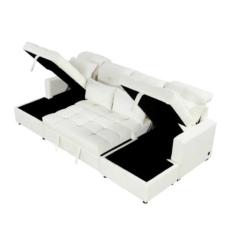 110.2" Modern U-shaped Sectional Pull-out Sofa with Storage Chaise and USB Ports