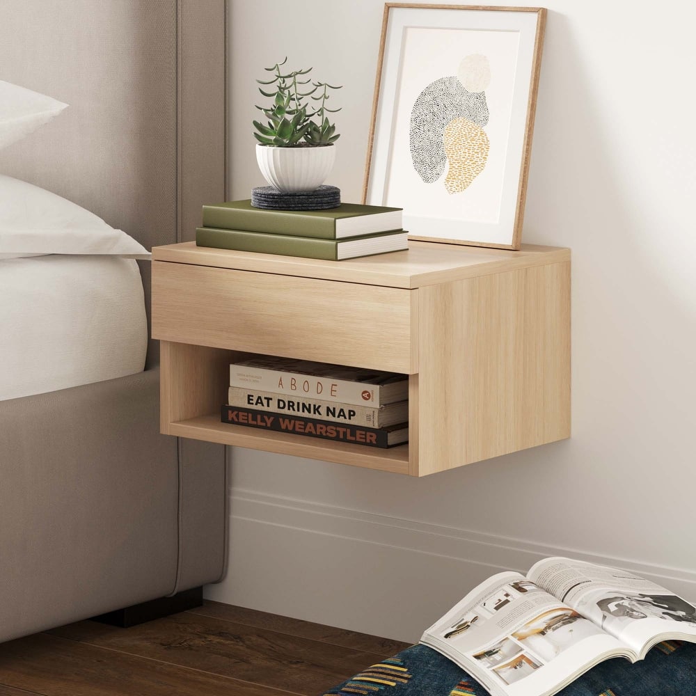 Nathan James Jackson Modern Floating Bedroom Nightstand with Storage Drawer and Open Shelf Cubby