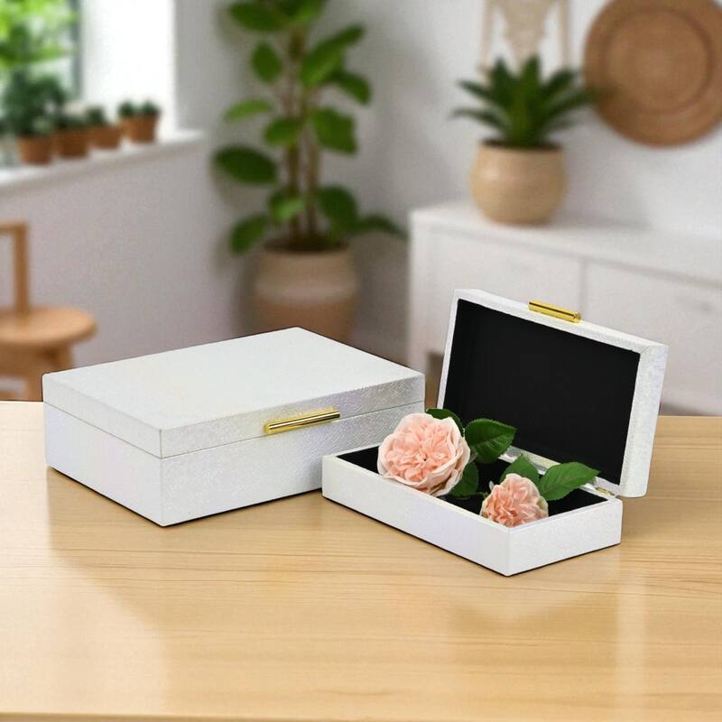 Nimue Set of 2 Rectangular Decorative Storage Boxes - Prismatic Fish Scale Pattern with Gold Hardware - Pearlescent White