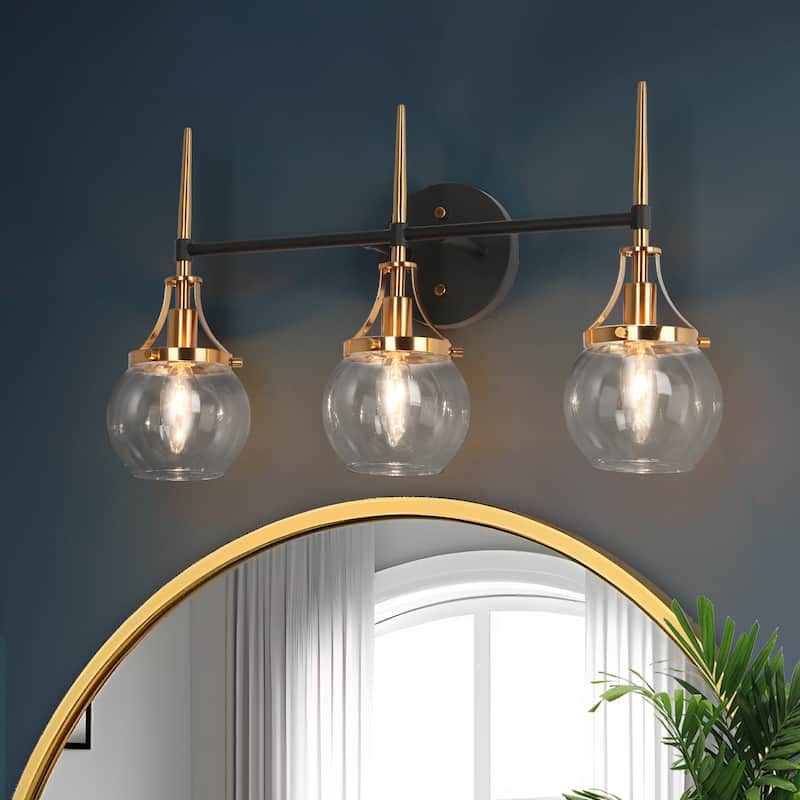 Beta Modern 3-Light Glass Bathroom Vanity Lights Black Gold Wall Sconces - 21.5"/3-Light