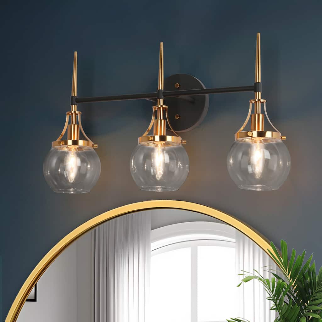 Beta Modern 3-Light Glass Bathroom Vanity Lights Black Gold Wall Sconces