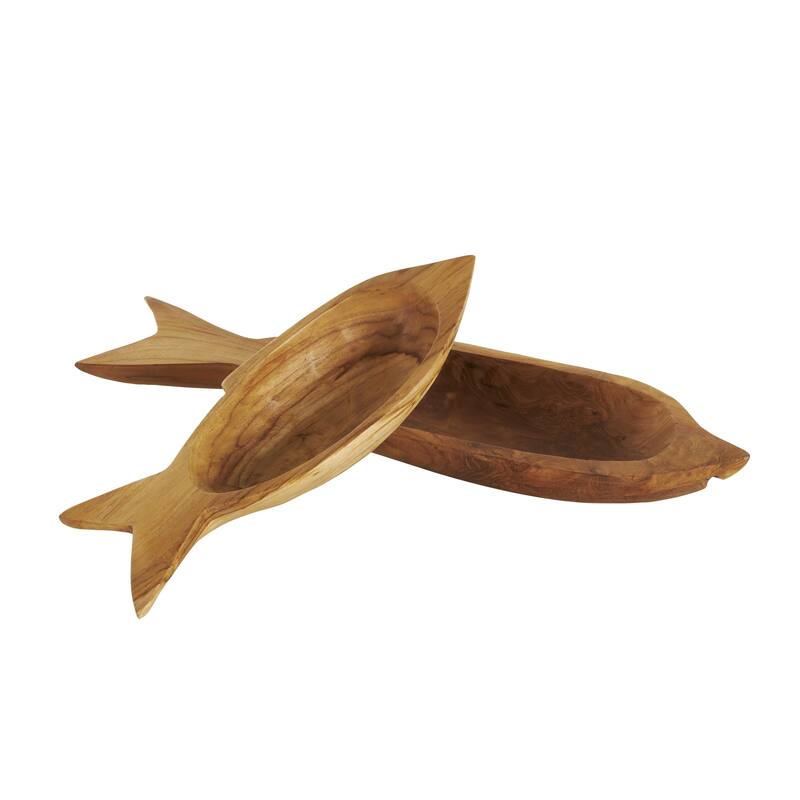 Teak Wood Fish Handmade Carved Living Room Decor Tray - Set of 2 Brown - Roche River Decor