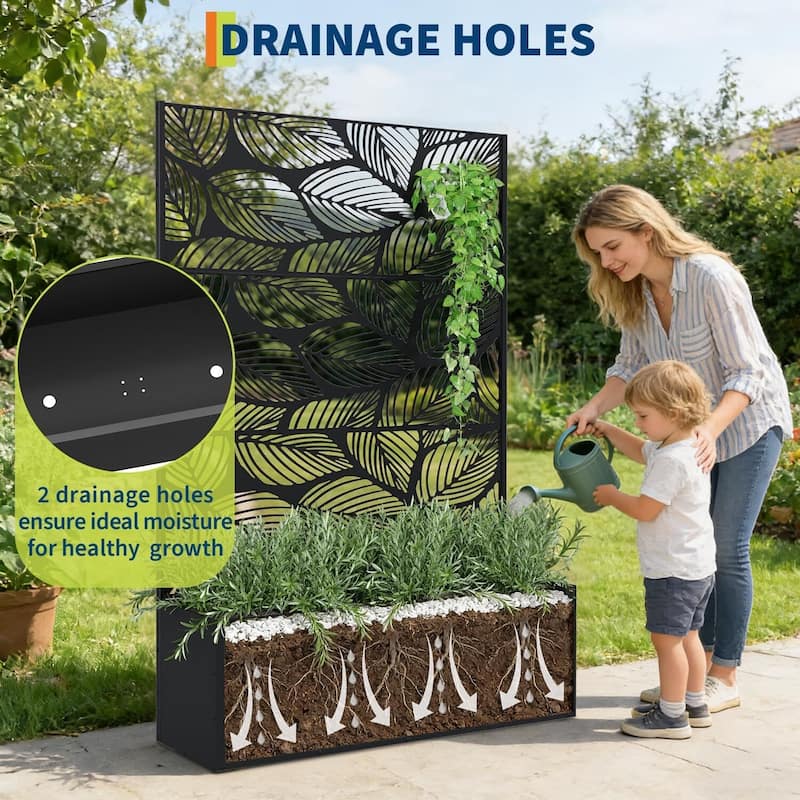 Metal Privacy Screen Planter Box, Raised Garden Bed for Climbing Plants, Veggies, Birch Leaf Style