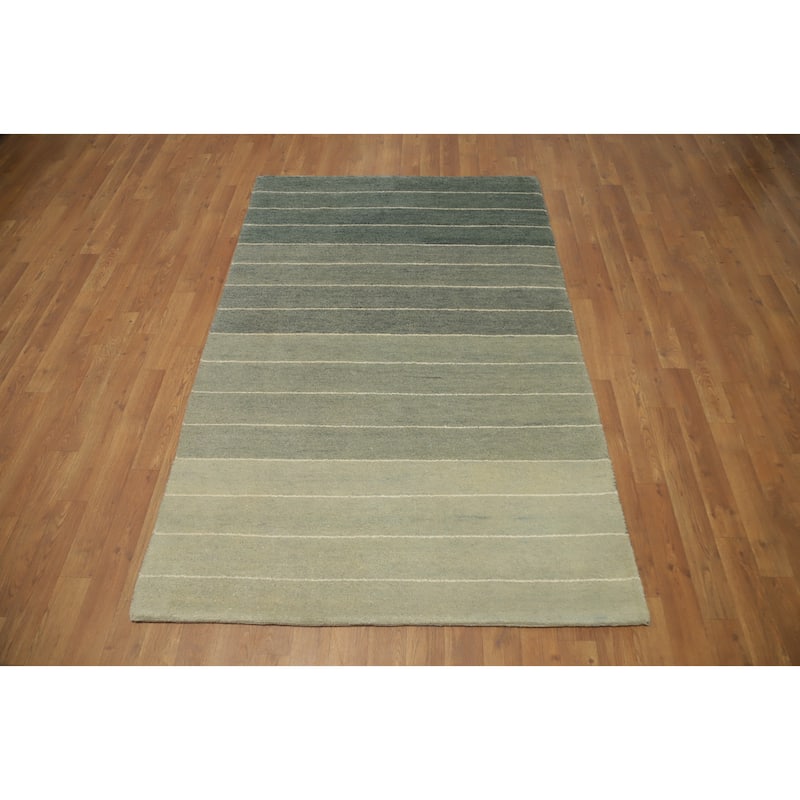 Hand Knotted Oriental 100% Wool Carpet Modern Stripe Green Gabbeh Area Rug - 5' 10'' X 3' 10''
