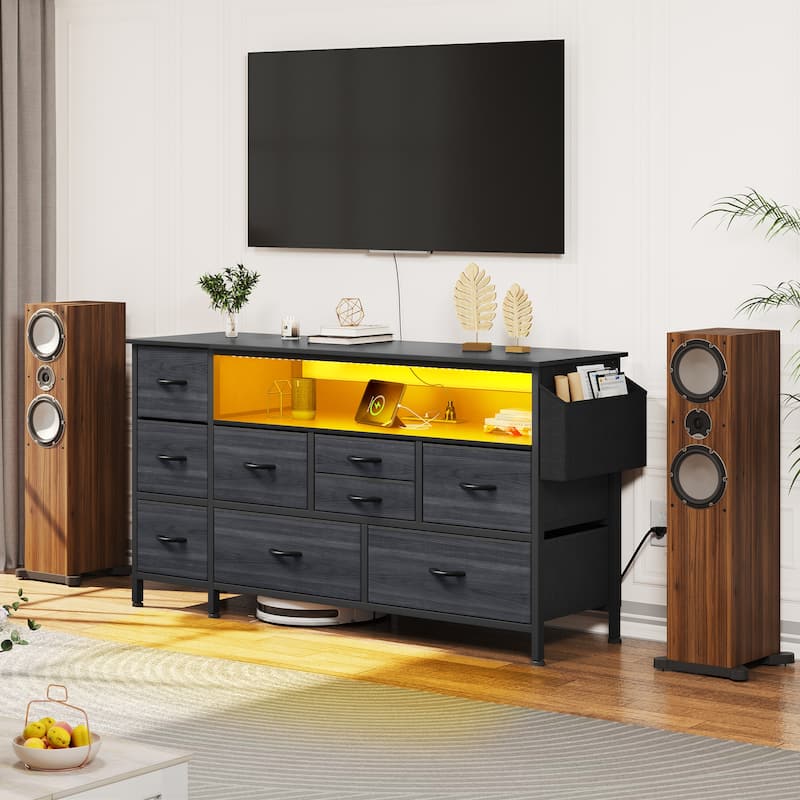 Moasis 50"W 9-drawer Fabric Dresser, Media Console, TV Stand with Outlets, RGB Lights