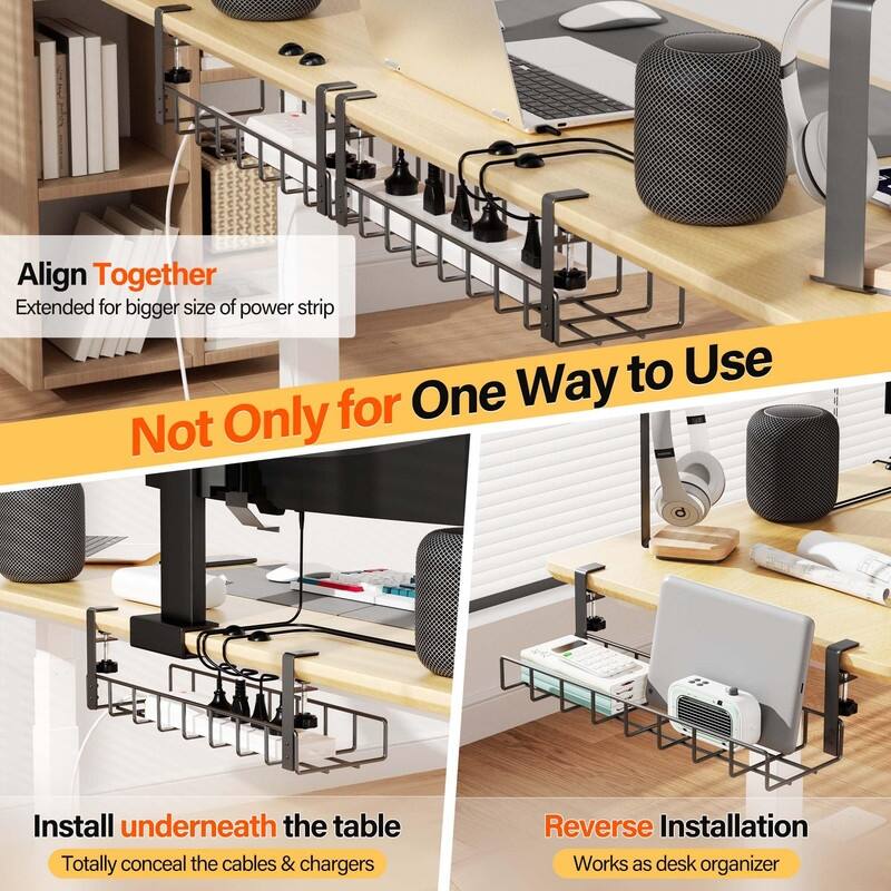 2 Pack Cable Management Under Desk Tray - 15.7L x 4.7W x 5.9H (40 x 12 x 15 cm)
