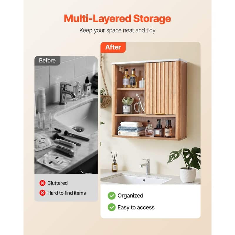 Natural MDF Wall Mounted Bathroom Cabinet with Adjustable Shelves and Doors for Small Space - 23” x 7” x 24”