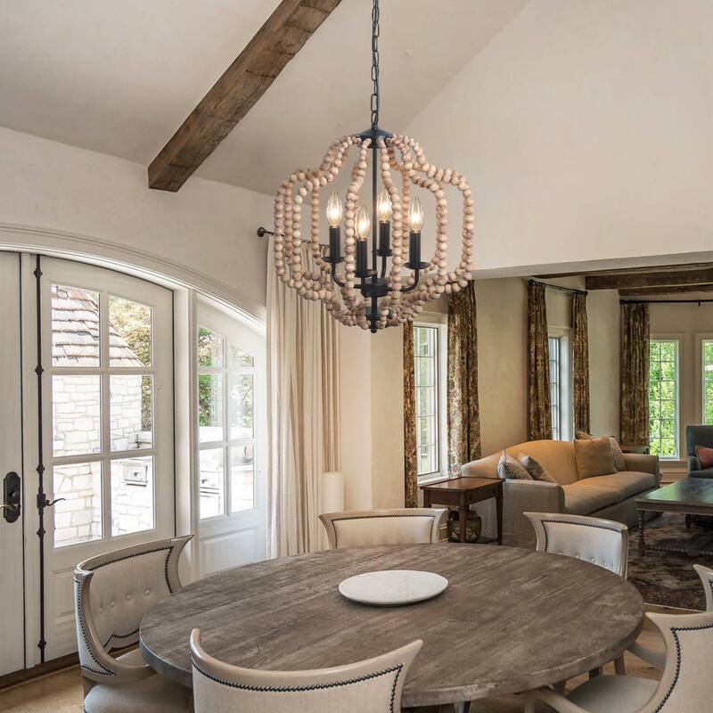 OYIPRO 4-Light Farmhouse Geometric Chandelier with Wood Beads
