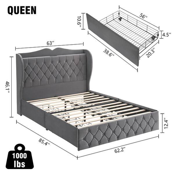 Wingback Velvet Upholstered Bed Frame with 4 Storage Drawers - Bed Bath ...