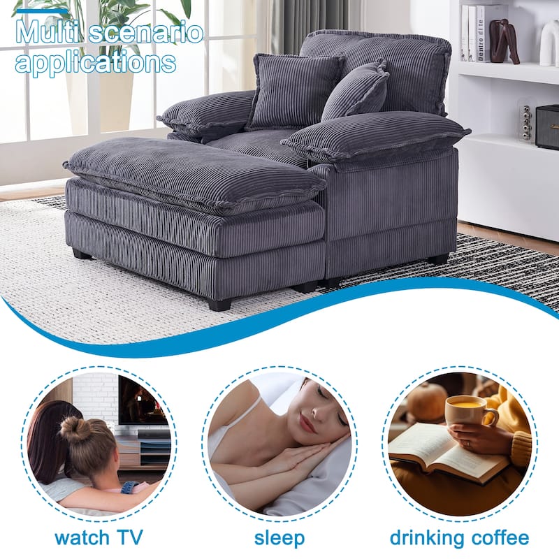 56.3 Inch Corduroy Single Deep Seat Sofa Chair With 2 Toss Pillows and a Ottoman