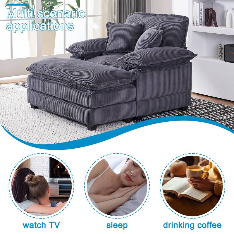 Deep Seat Accent Chair & Ottoman Set of 2, Reclining Sofa Chair, Corduroy Upholstered Chaise Lounge Couch with 2 Toss Pillows